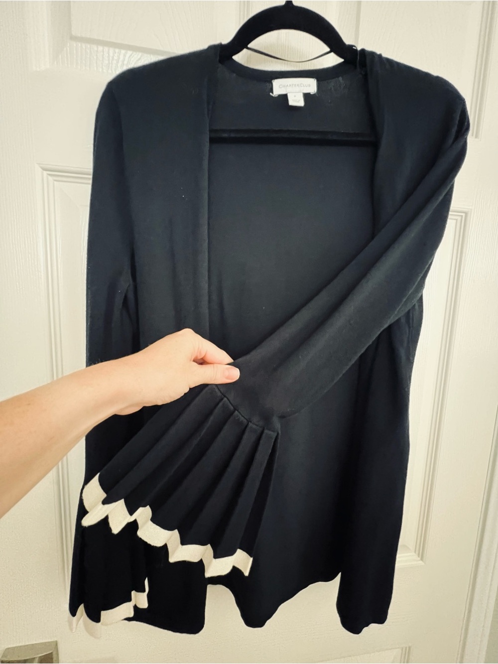 Charter Club Black Open-Front Cardigan with Pleated Cuffs